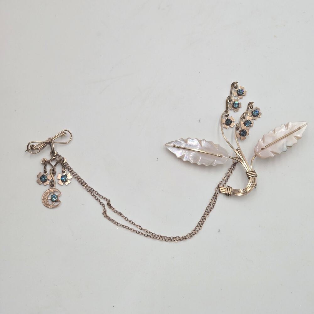 Victorian Antique Chain Brooch Gold Filled Moon Flowers Blue Topaz Glass Unique - Picture 1 of 8
